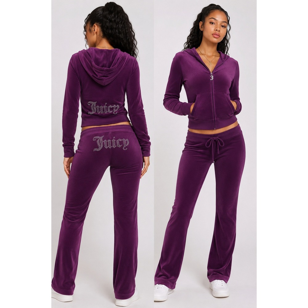 New Juicy Couture Velour Tracksuit Set Purple Rhinestone Hoodie Flare Pants Lrg